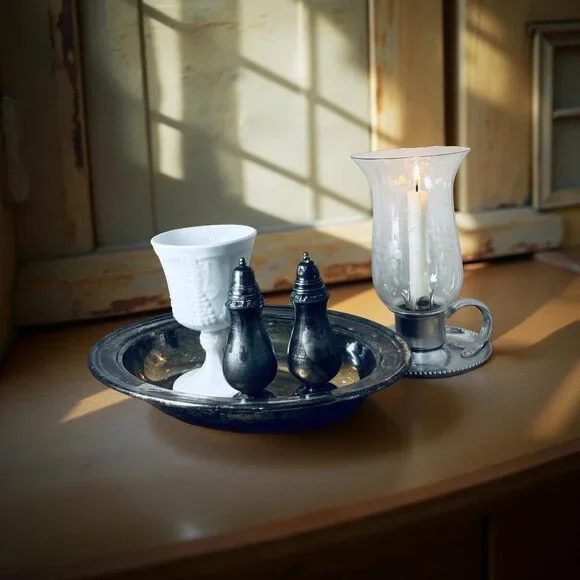 Grandmillennial Tabletop Decor Set – Silverplate & Milk Glass Vignette - Picture 8 of 8